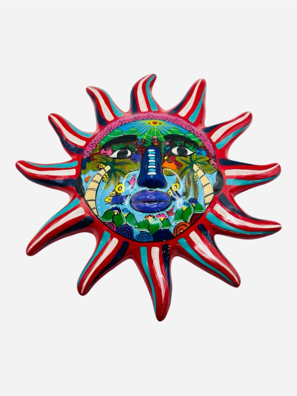 Isidoro Mexican Terracotta Sun Wall Art Hand Painted Ceramic Sun Face Plaque 10” - Picture 3 of 9